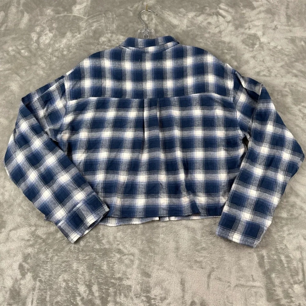 Hollister Womens Blue White Plaid Cropped Flannel Button Down Shirt Medium M